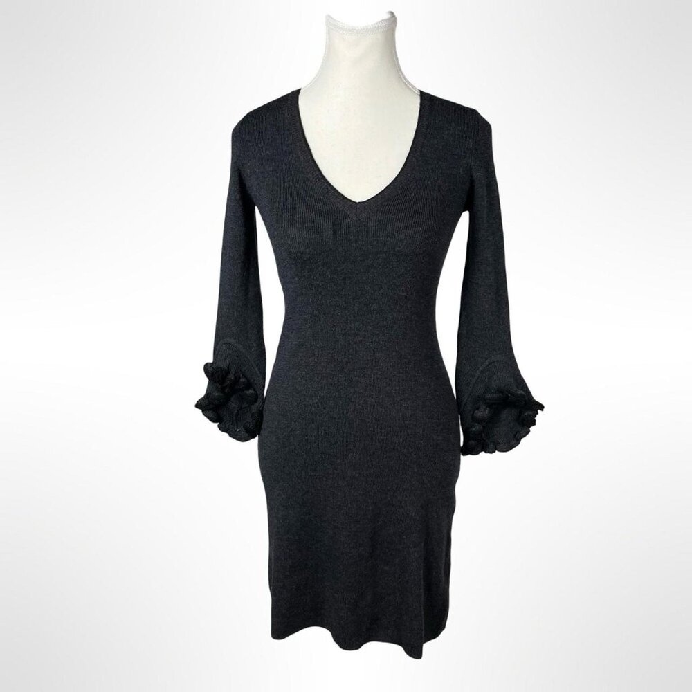 MILLY Small Charcoal Gray Merino Wool Knit Sweater Dress Ruffle Sleeve V Neck